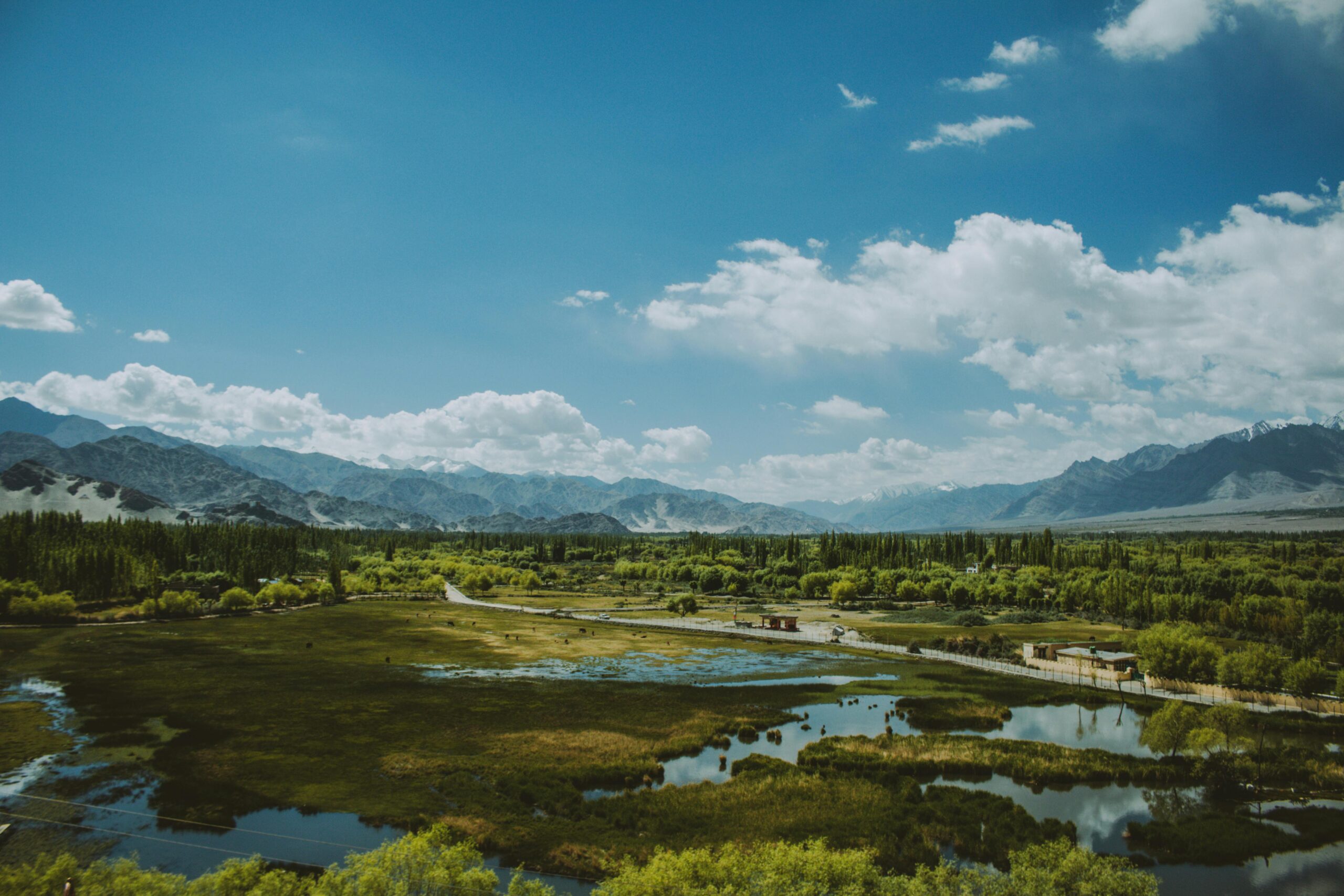 Serene landscape of a vast countryside with mountains and clear blue sky.